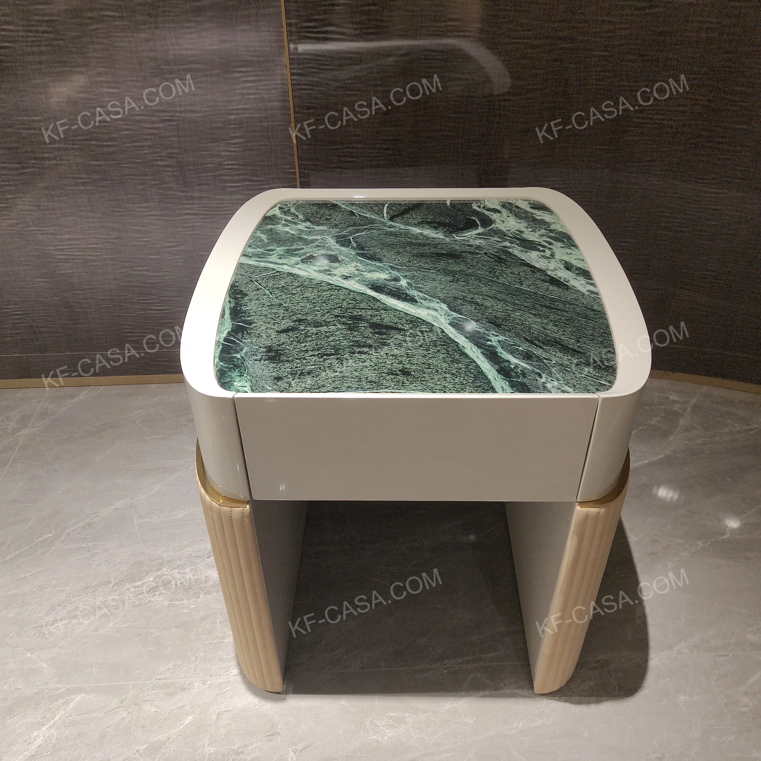 Modern Luxury SideTable with Green Marble Top & Quilted Leather Legs